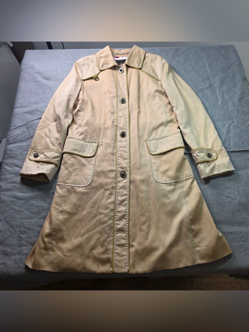 Vintage Coach New York Trench Coat Women 10 Beige Turnlock Leather Trim